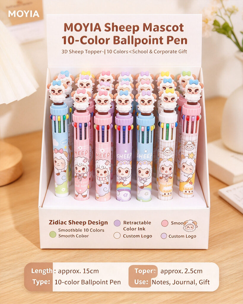 MOYIA Custom Logo Year of the Goat Mascot 10 Colors Retractable Ballpoint Pen Cartoon Multi-color Stationery Bulk Wholesale