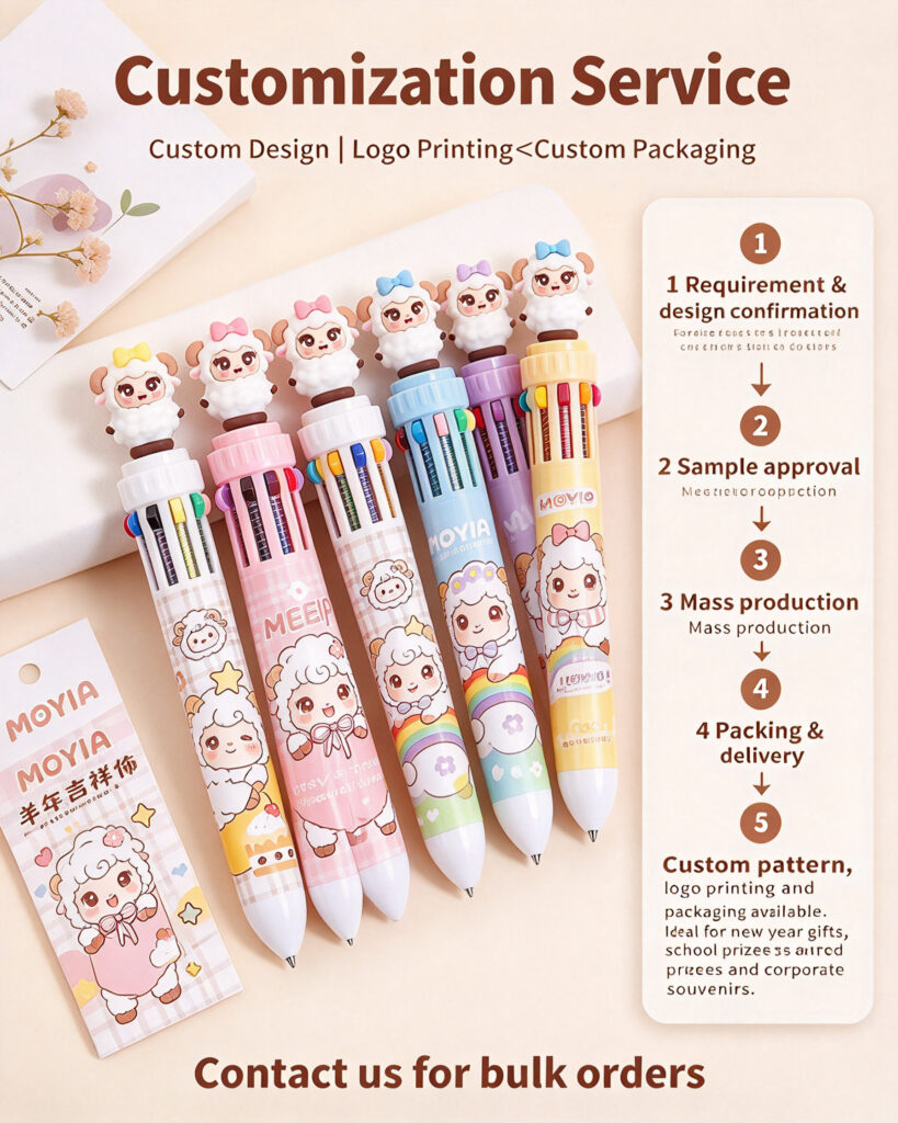 MOYIA Custom Logo Year of the Goat Mascot 10 Colors Retractable Ballpoint Pen Cartoon Multi-color Stationery Bulk Wholesale