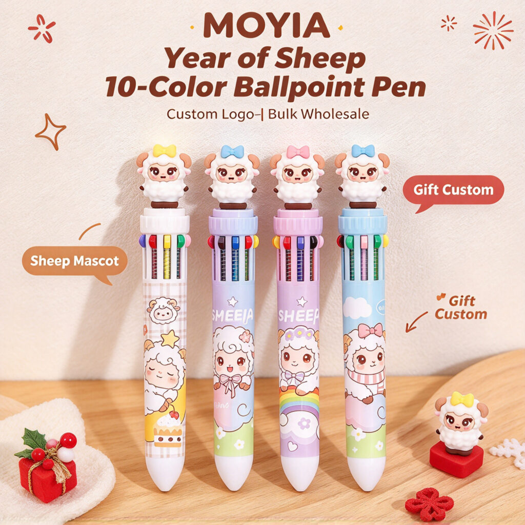 MOYIA Custom Logo Year of the Goat Mascot 10 Colors Retractable Ballpoint Pen Cartoon Multi-color Stationery Bulk Wholesale