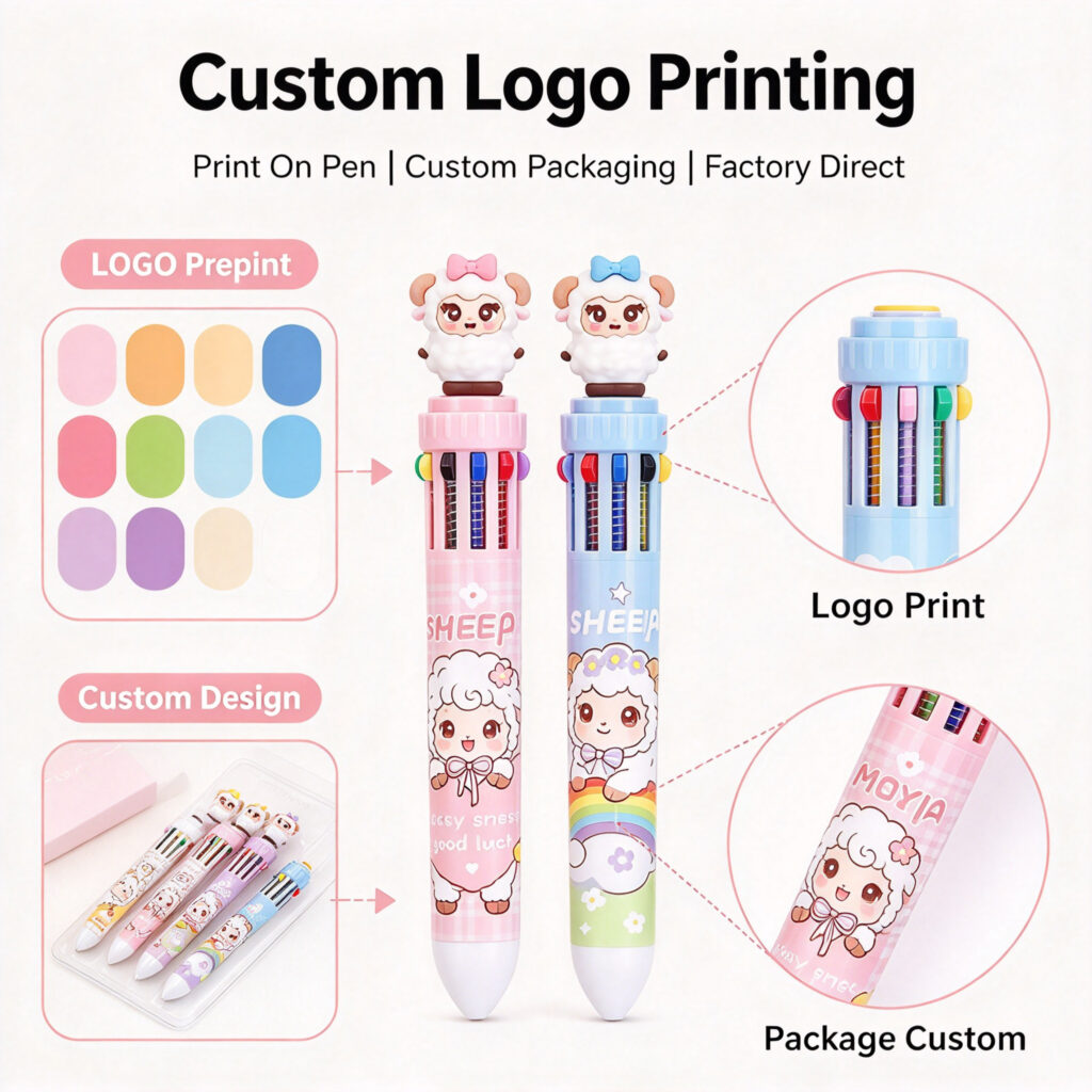 MOYIA Custom Logo Year of the Goat Mascot 10 Colors Retractable Ballpoint Pen Cartoon Multi-color Stationery Bulk Wholesale