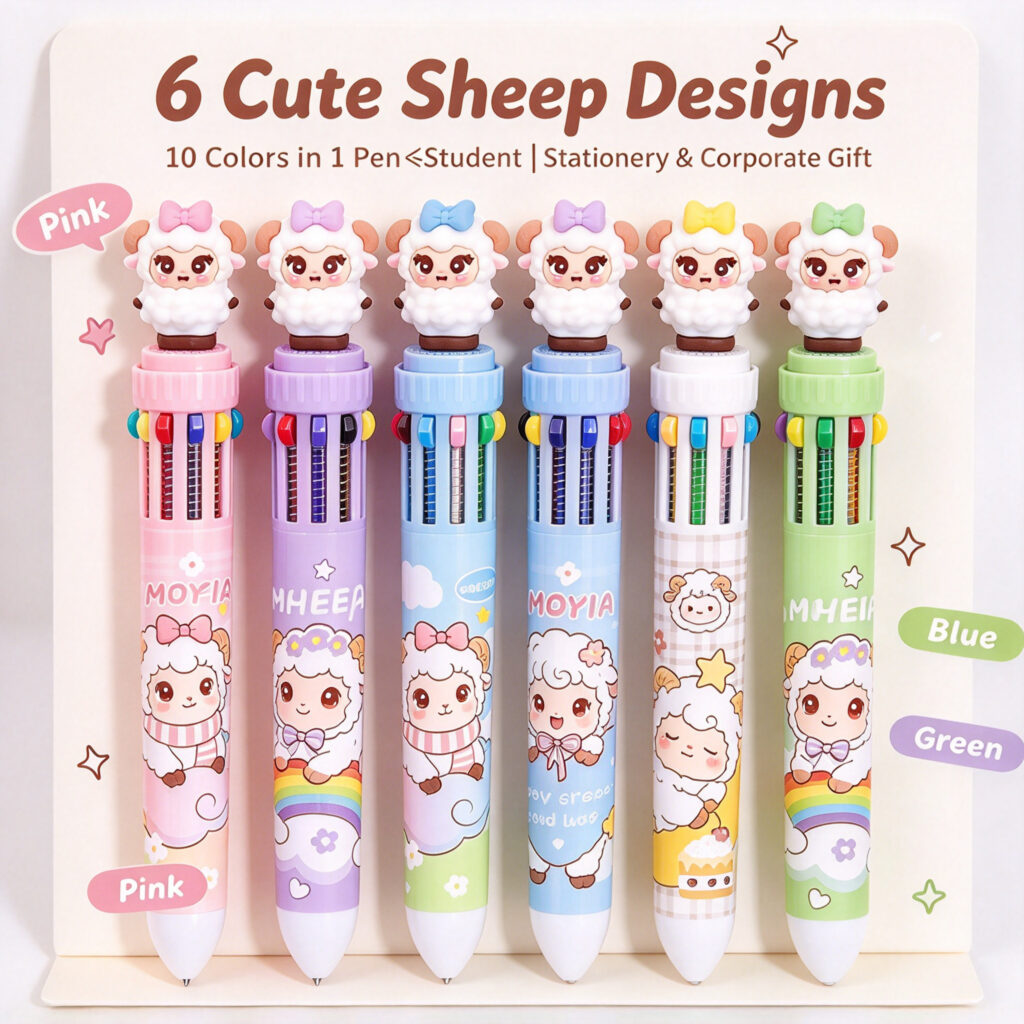 MOYIA Custom Logo Year of the Goat Mascot 10 Colors Retractable Ballpoint Pen Cartoon Multi-color Stationery Bulk Wholesale
