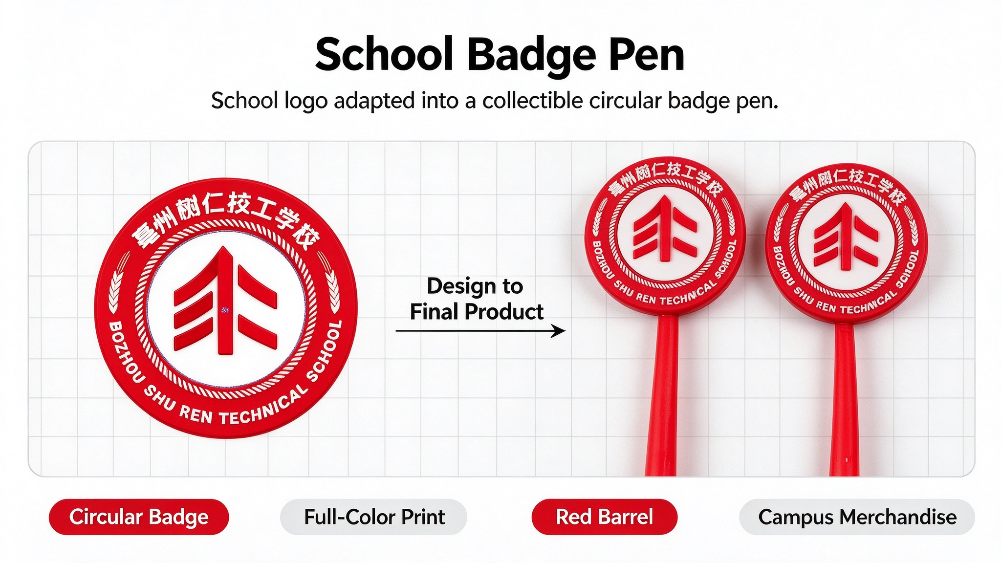 School badge pen, circular logo from design to finished pens